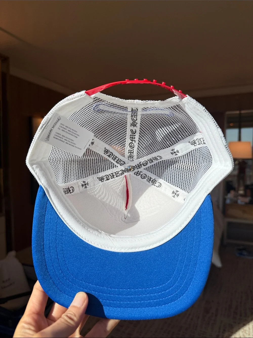 NWT Chrome Hearts Red and Blue Trucker Hat with White Logo